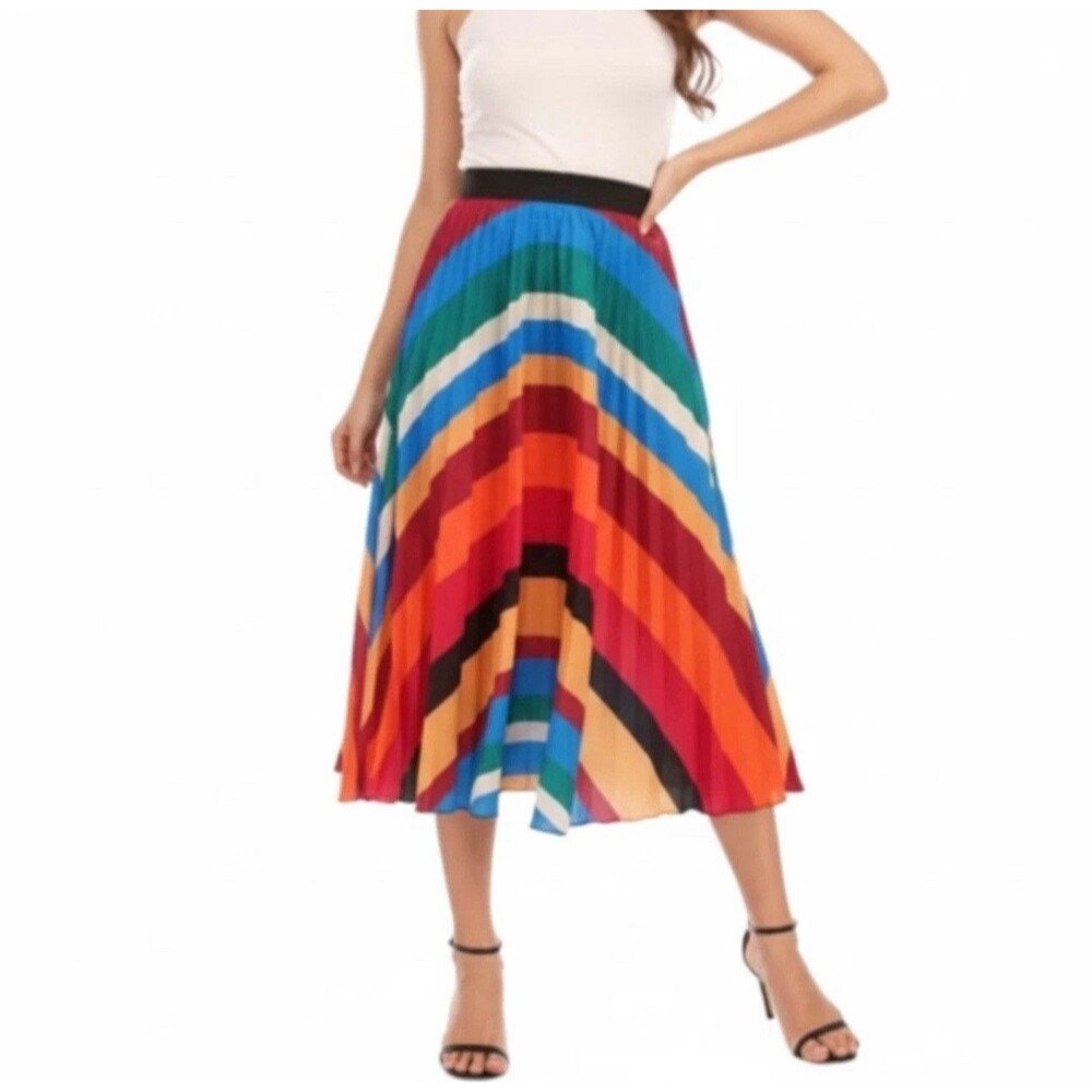 Sadie & Love Rainbow Pleated Midi Skirt Colorful Stripe Festival Vacation M